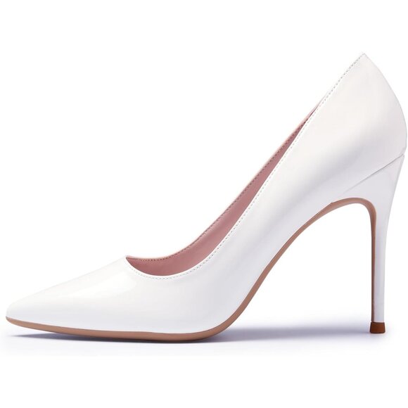 Women White Polyurethane (PU) Closed Pointed Toe Stiletto High Heel Shoes Pumps - Picture 4 of 6